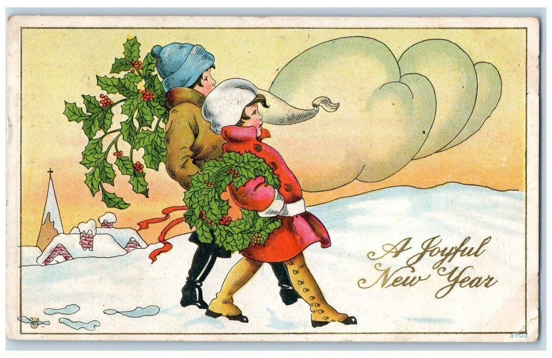 1917 New Year Children With Whreat Holly Berries Winter Church Embossed Postcard