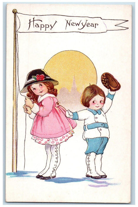 c1910's Happy New Year Children Pulling Rope Embossed Unposted Antique Postcard