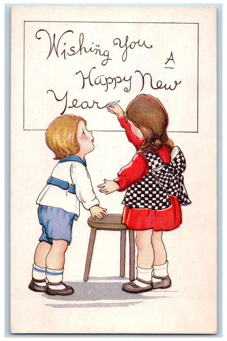 c1910's Happy New Year Children Writing Embossed Unposted Antique Postcard