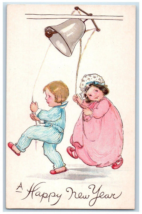 c1910's Happy New Year Children Ringing Bell Embossed Unposted Antique Postcard