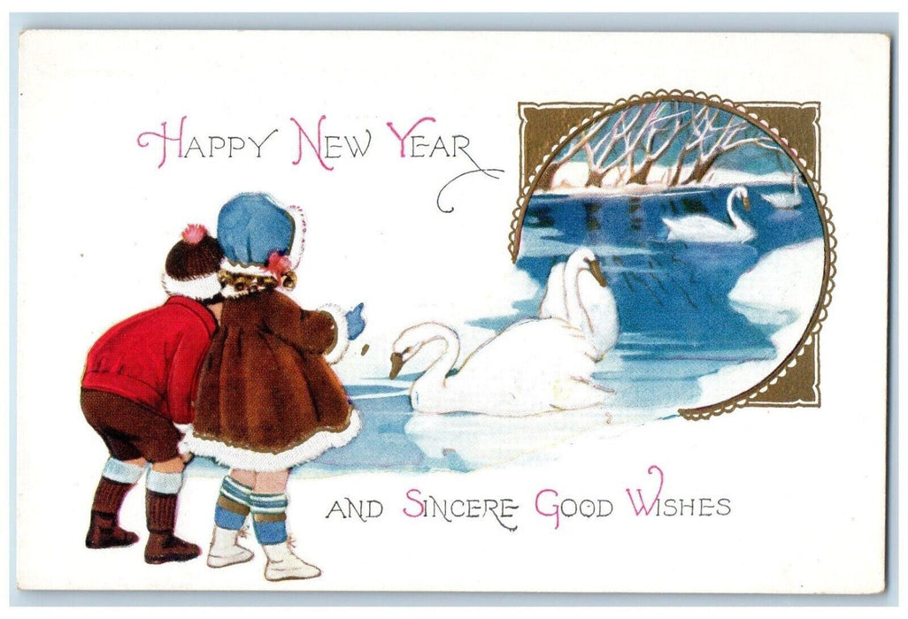 c1910's Happy New Year Children Goose Embossed Unposted Antique Postcard