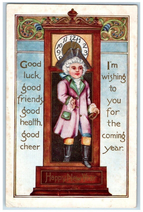 c1910's Happy New Year Good Luck Man Clock Embossed Unposted Antique Postcard