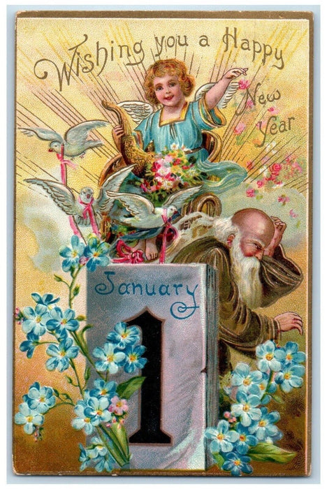 New Year January 1 Angel Cornucopia Flowers Father Time Dove Embossed Postcard