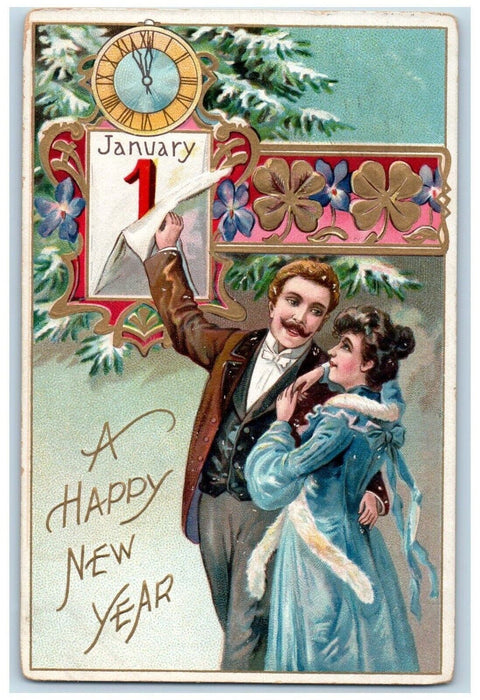 1909 New Year Calendar Couple Romance Clover Pansies Flowers Tuck's Postcard