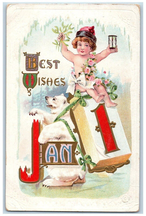 1911 New Year Jan 1 Calendar Bear Calendar Angel Flowers Hourglass Postcard