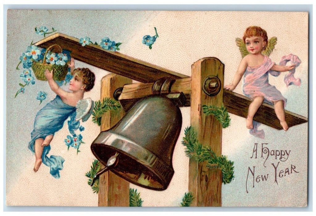 c1910's New Year Angels See Saw Ringing Bell Pansies Flowers Basket RPO Postcard