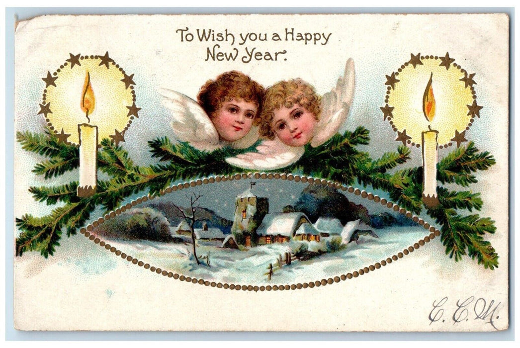 1908 New Year Angels Head Pine Leaf Candles House Winter Clapsaddle Postcard