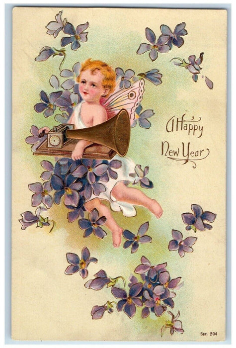 c1910's Happy New Year Angel Butterfly Wing Trumpet Pansies Flowers Postcard