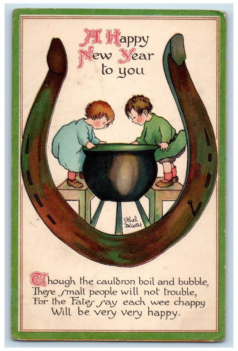 Happy New Year Horseshoe Little Children Cauldron Boil Ethel Delvees Postcard