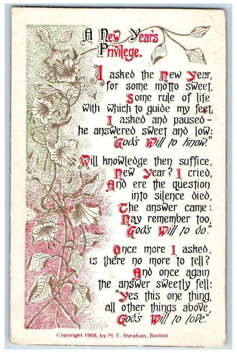 1910 New Year Privilege Poem Flowers Sheahan Posted Antique Postcard