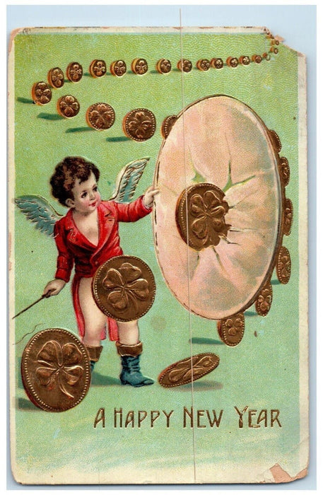 1910 Happy New Year Angel Broken Mirror Shamrock Coins Plainfield NJ Postcard