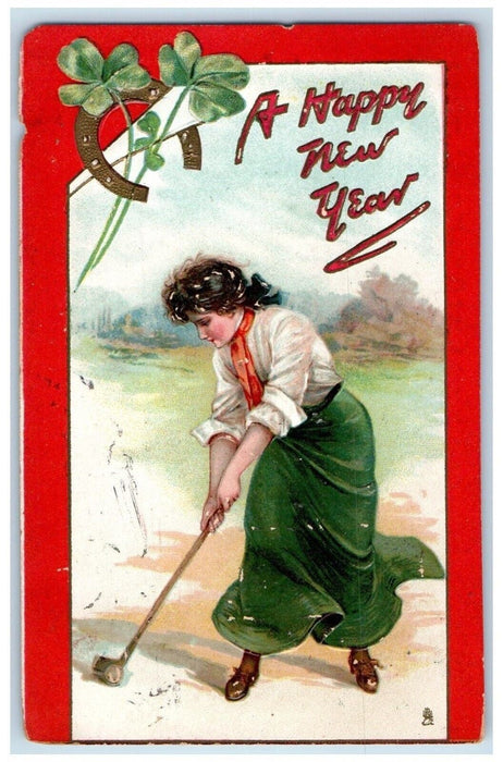 1908 Happy New Year Women Golfing Horseshoe Clover Tuck's Newark NJ Postcard