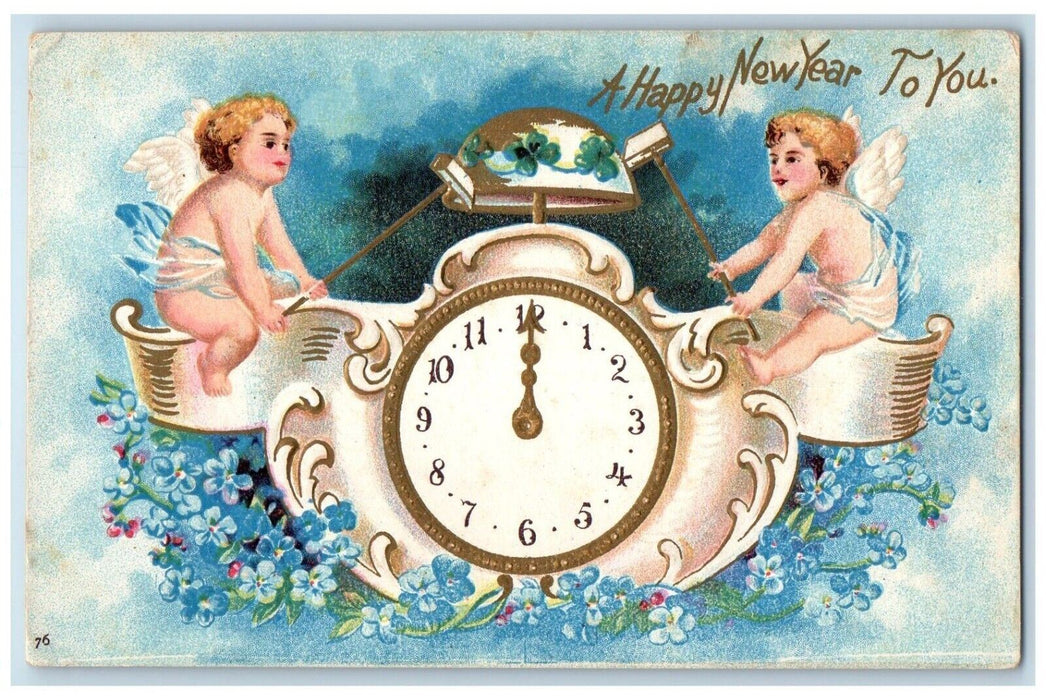 c1905 Happy New Year Angels Shamrock Clock Pansies Flowers Clapsaddle Postcard