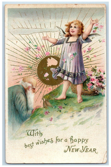 1906 Happy New Year Angel Father Time Flowers In Basket Embossed Posted Postcard