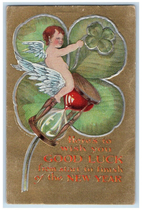 1909 New Year Good Luck Angel Hourglass Shamrock Embossed Coeymans NY Postcard