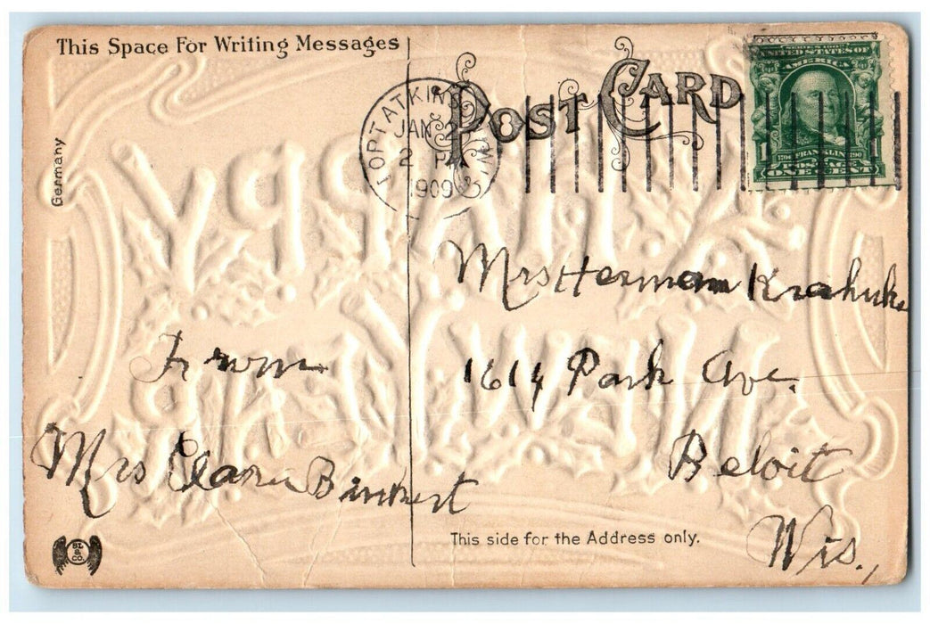 1909 Happy New York Holly Berries Large Letter Airbrushed Embossed Postcard