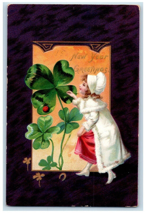 New Year Greetings Girl Shamrock Clover Lady Bug Horseshoe Tuck's Postcard