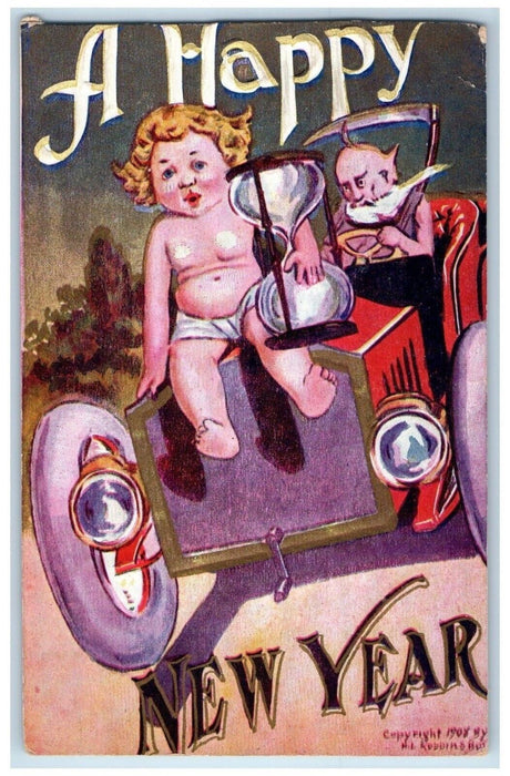 1908 Happy New Year Father Time Driving Car Hourglass Embossed Lynn MA Postcard