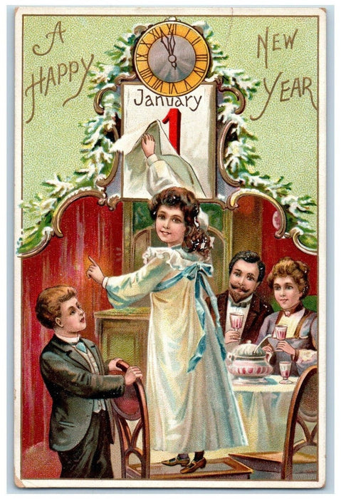 c1910's New Year Calendar Clock Family Embossed Columbia PA Tuck's Postcard