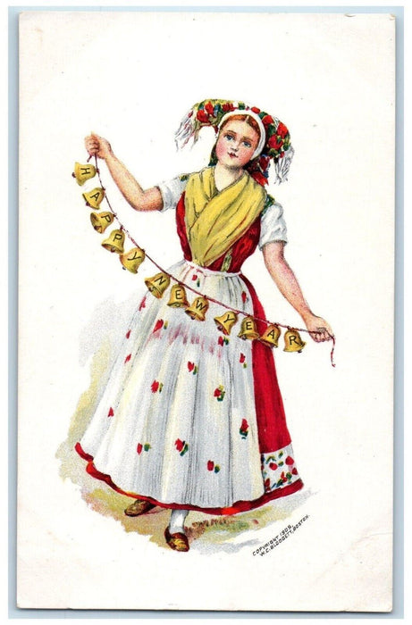 c1905 New Year Pretty Woman Dress Ringing Bells Blodgett Posted Antique Postcard