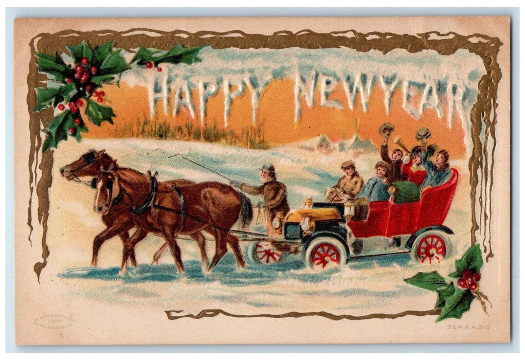 1910 Happy New Year Man Riding Car Pulling Horse Flute Embossed Posted Postcard