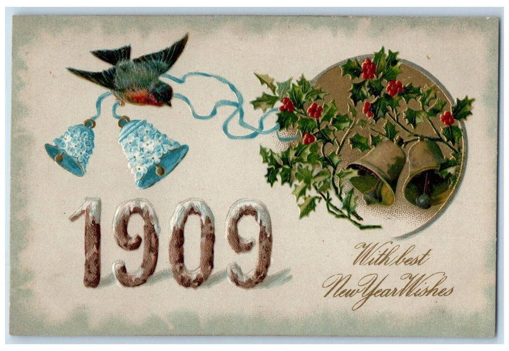 1909 New Year Wishes Ringing Bells Pansies Flowers Berries Winsch Back Postcard