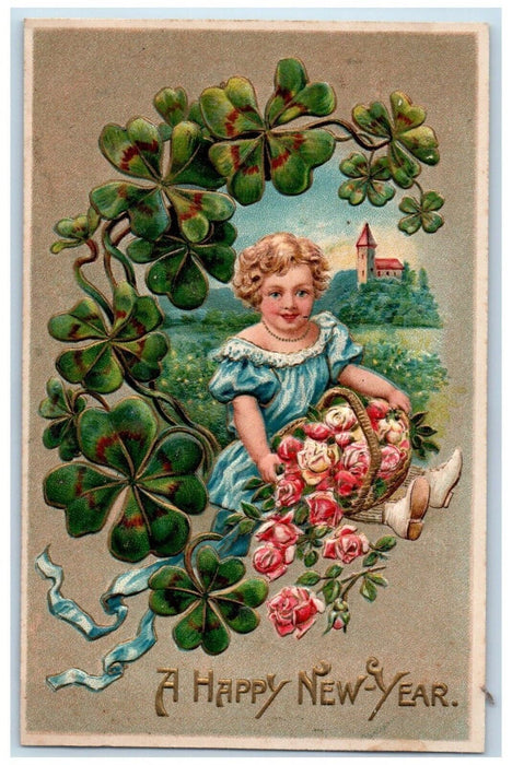 c1910's New Year Woman With Flowers In Basket Shamrock Clover Embossed Postcard