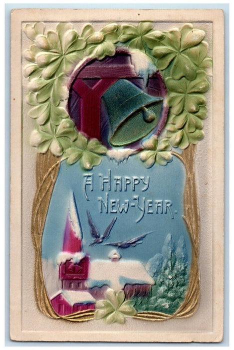 c1910's Happy New Year Birds Ringing Bell Shamrock Airbrushed Embossed Postcard