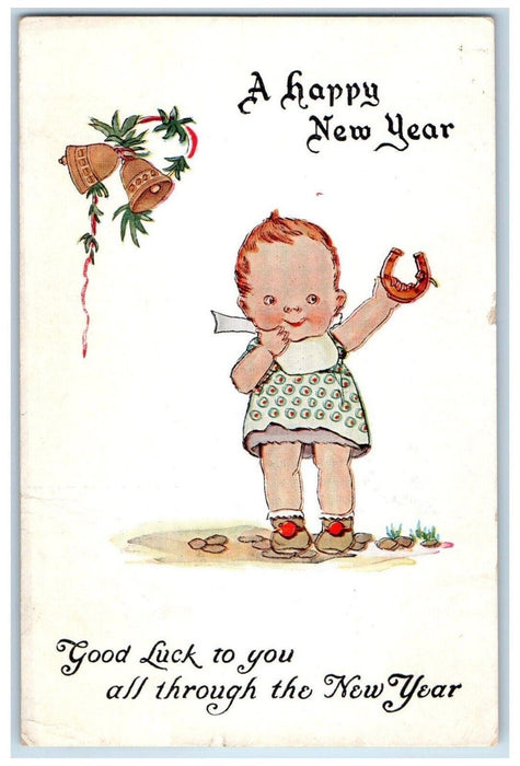 1915 New Year Good Luck Little Kid Horseshoe Ringing Bell Antique Postcard