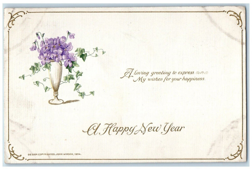 1914 New Year Greetings Flower Vase John Winsch Artist Signed Embossed Postcard