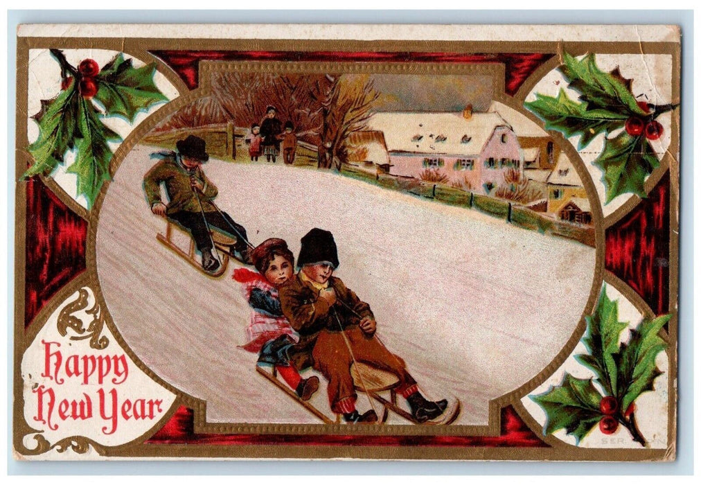 1910 Happy New Year Children Sleigh Winter Holly Berries Embossed Postcard