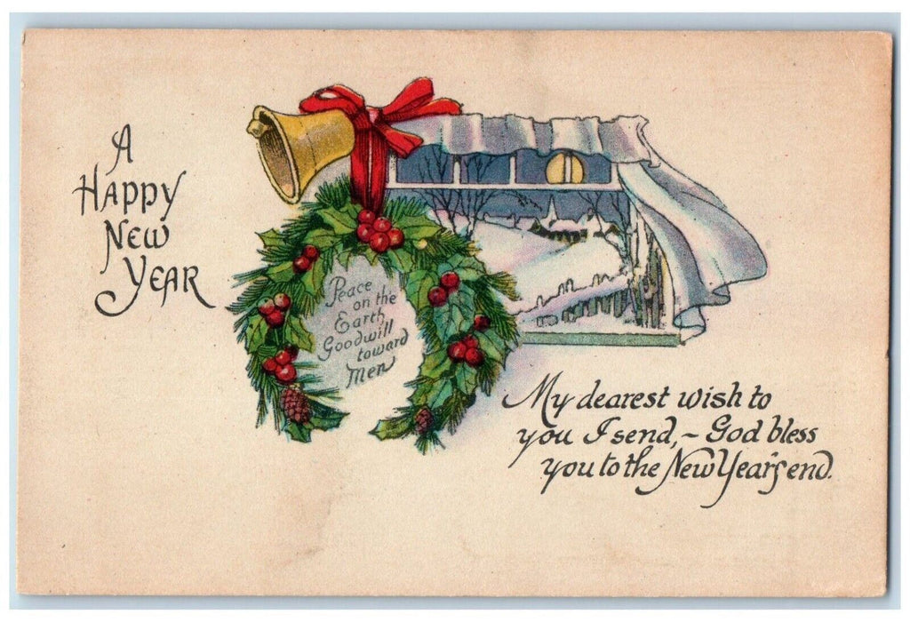 1924 New Year Ringing Bell Whreat Berries Pine Cone Window Winter Postcard