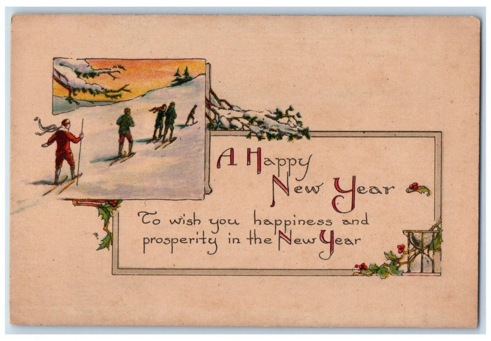 New Year Man Sledding Winter Pine Tree Hourglass Berries Vintage Postcard