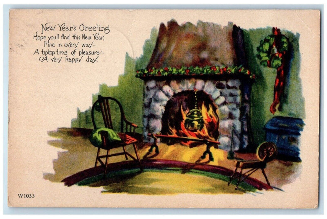 c1920's New Year Greetings Fireplace Holly Berries Lebanon NH Vintage Postcard