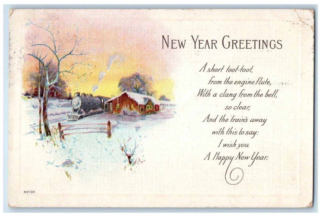 1919 New Year Greetings Railroad Train House Winter Newport PA Antique Postcard