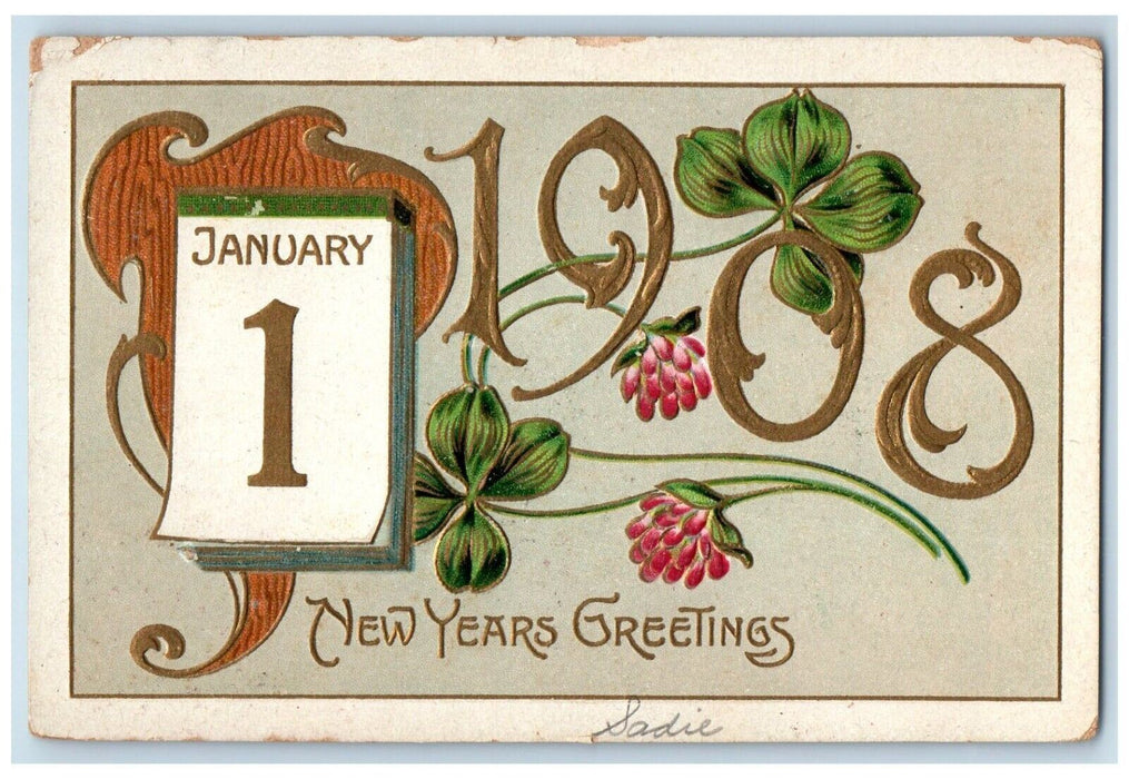 c1910's Happy New Year Shamrock Hanging Horseshoe Embossed Rochester NY Postcard