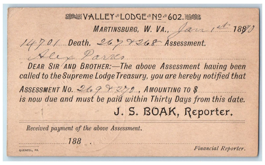 1890 Valley Lodge No. 602 IOOF Masonic Martinsburg WV Antique Postal Card