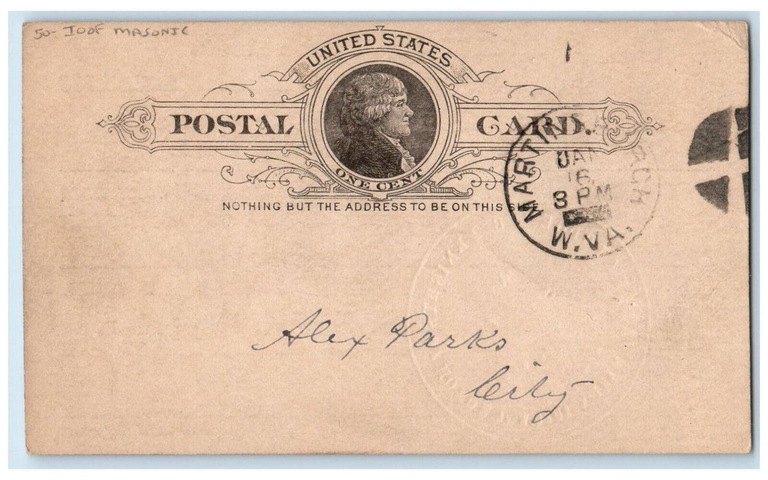 1890 Valley Lodge No. 602 IOOF Masonic Martinsburg WV Antique Postal Card