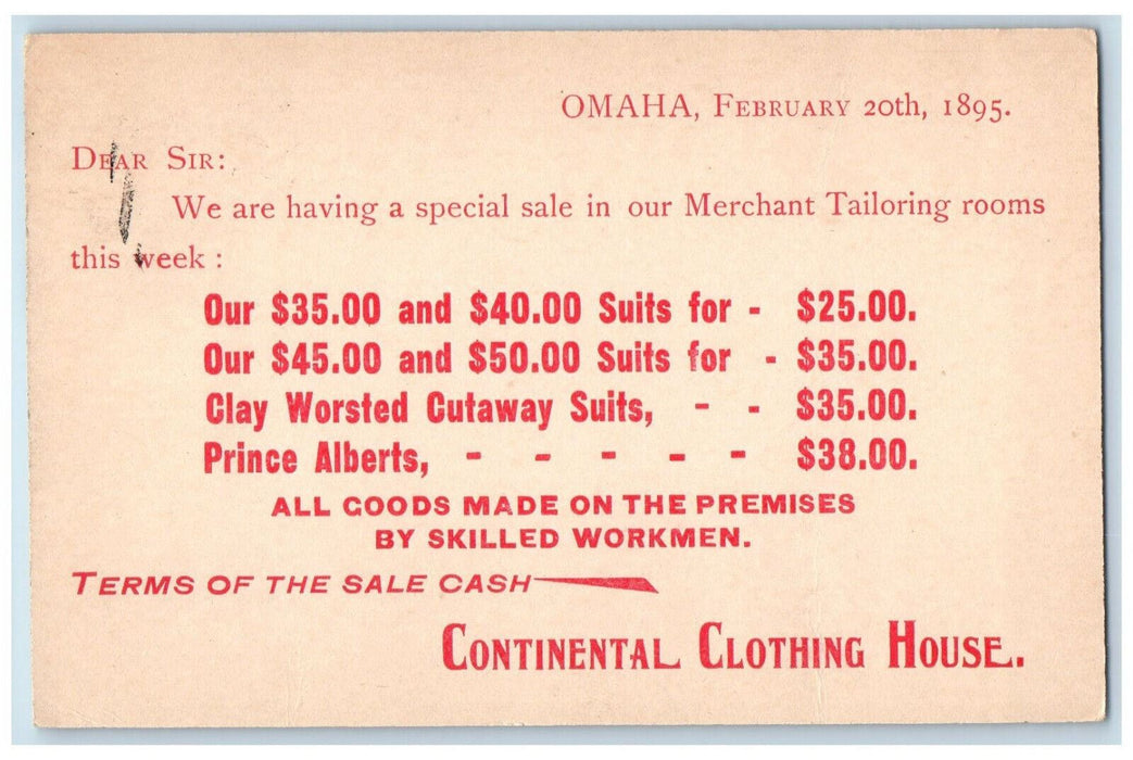 1895 Continental Clothing House Omaha Nebraska NE Antique Postal Card