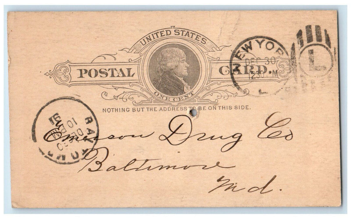 1891 Send Circular The Oriental Pharmacy NY City NY Baltimore MD Postal Card