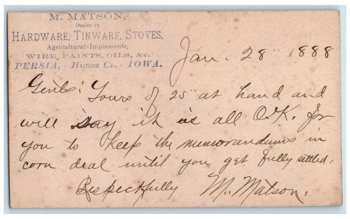 1888 M.Matson Hardware Tinware Stoves Persia Iowa IA Logan IA Postal Card