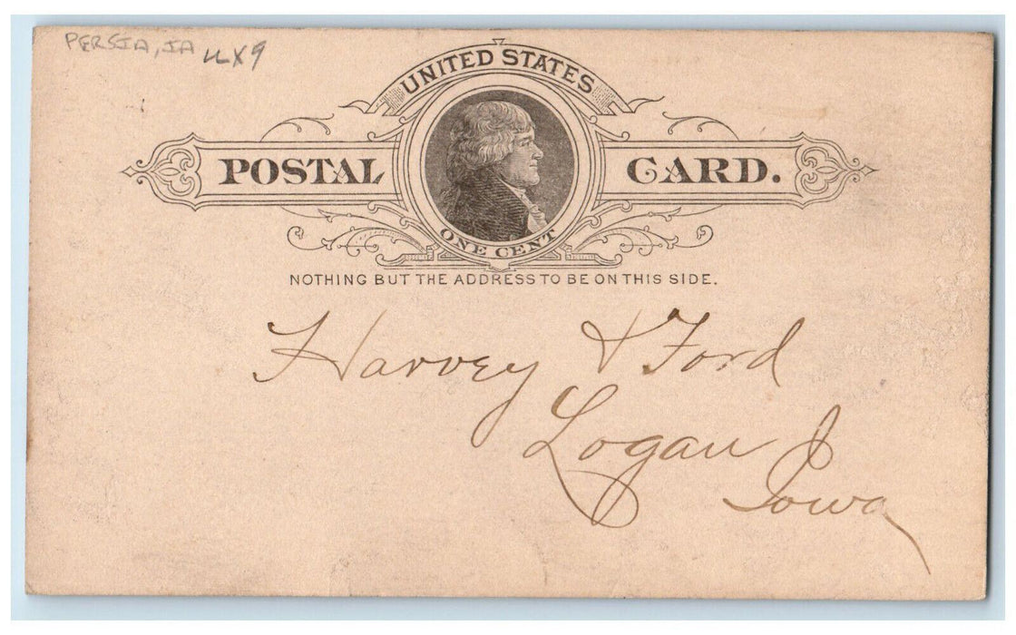 1888 M.Matson Hardware Tinware Stoves Persia Iowa IA Logan IA Postal Card