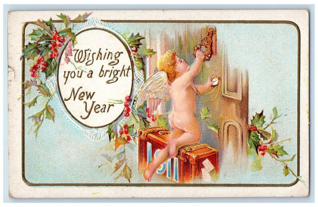 1910 New Year Angel Bare Butt Delivering Present Clock Berries Embossed Postcard