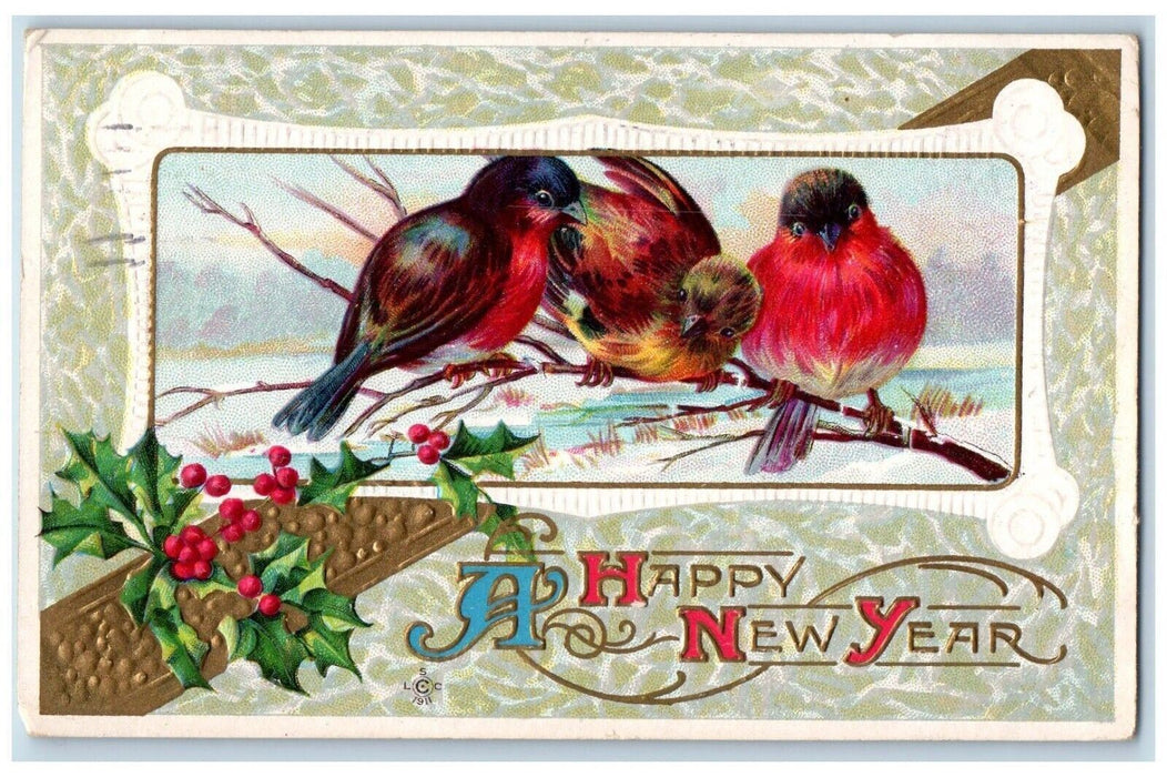 1913 Happy New Year Song Birds Holly Berries Embossed Detroit MI Posted Postcard