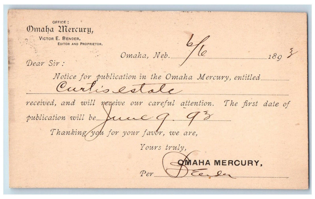 1893 Omaha Mercury Victor E Bender Editor Omaha Nebraska NE Postcard