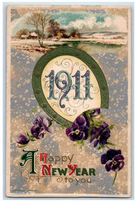 c1910's New Year Horseshoe Purple Flowers John Winsch Artist Signed Postcard