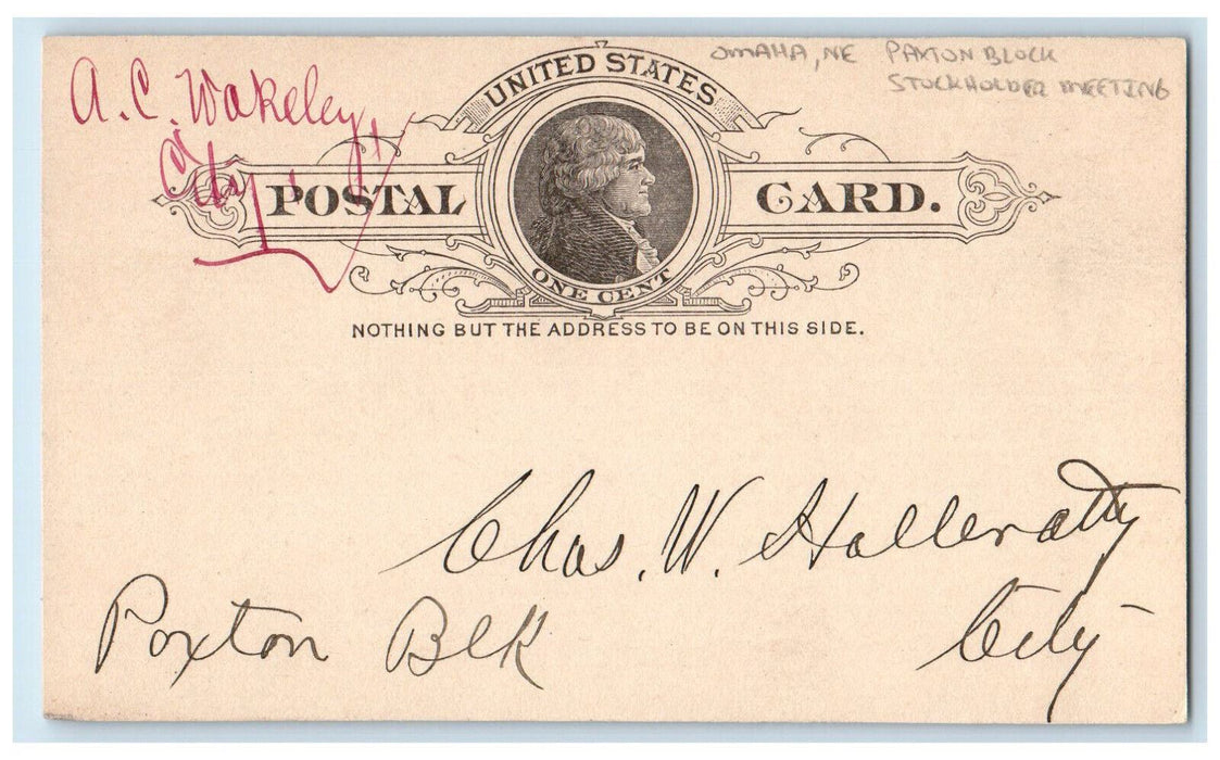 1890 Paxton Block Stockholder Meeting AC Wakeley Omaha Nebraska NE Postcard
