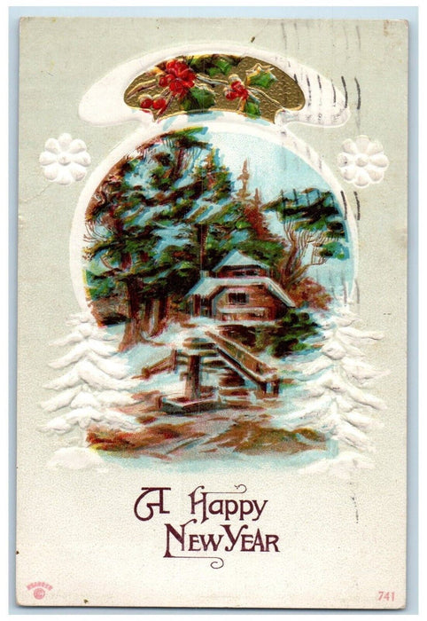 1912 Happy New Year Holly Berries House Trees Winter Embossed Antique Postcard