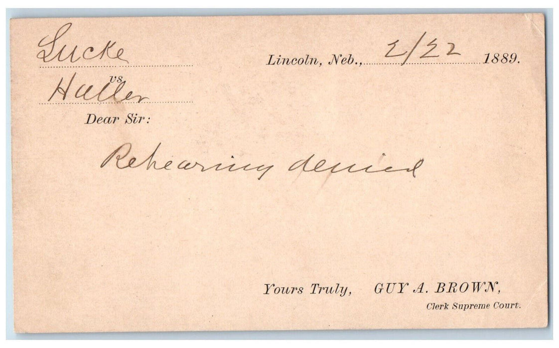 1889 Guy A Brown Lucke Haller Clk Supreme Court Lincoln Nebraska NE Postal Card