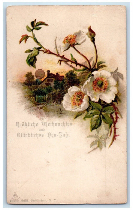 c1900's Merry Christmas And Happy New Year German Flowers House Antique Postcard